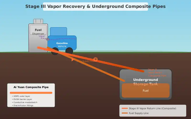 Stage III vapor recovery unit blower and vapor line connections at a fuel station